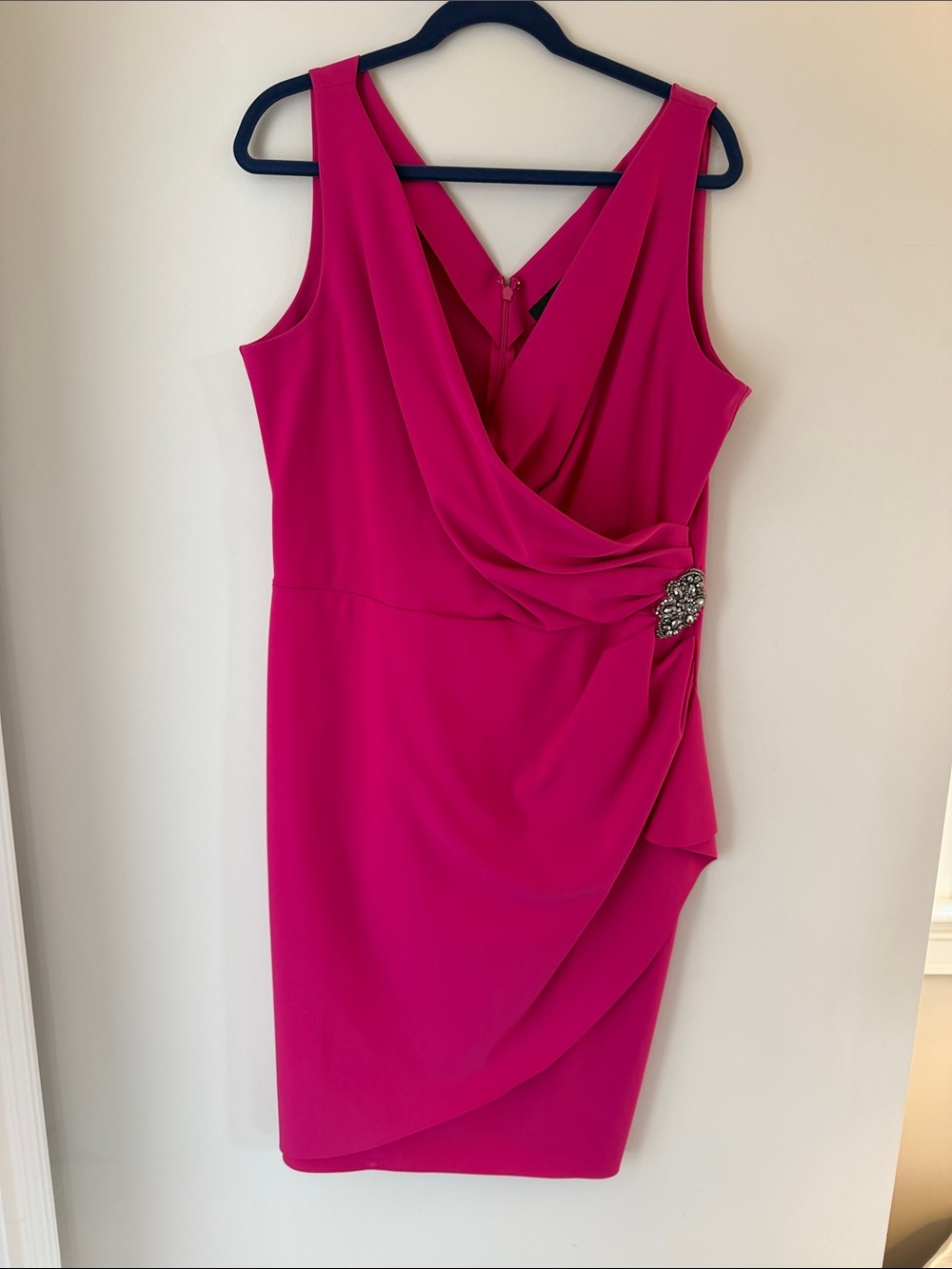Alex Evenings Fuchsia Sleeveless Draped Sheath Dress with Jeweled Waist